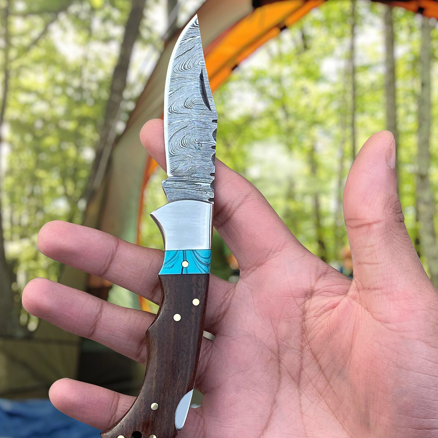 6.5” Handmade Damascus Pocket Knife — Wood & Turquoise Resin Handle | DRSKNIVES HUB
