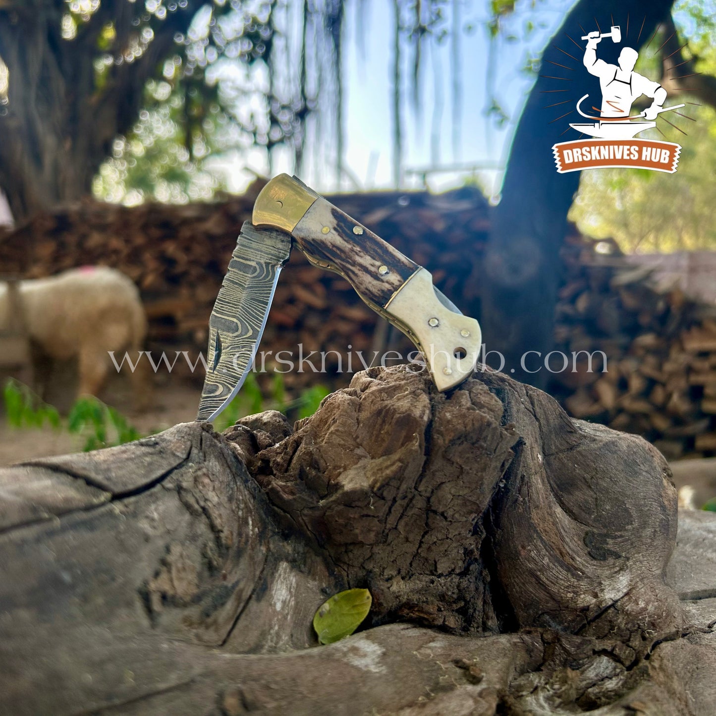 ANTLER HORN HANDLE DAMASCUS POCKET KNIFE WITH || DRS KNIVES HUB