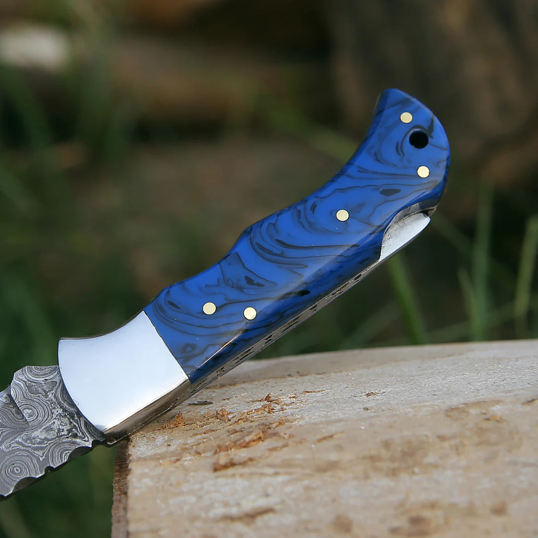BLUE RESIN HANDLE DAMASCUS POCKET KNIFE WITH SHEATH || DRS KNIVES HUB