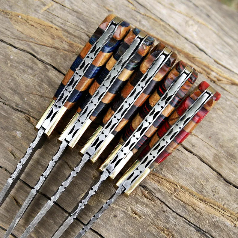 Lots Of 5 PCS Handmade Damascus Steel Folding Pocket Knives With Leather Sheath