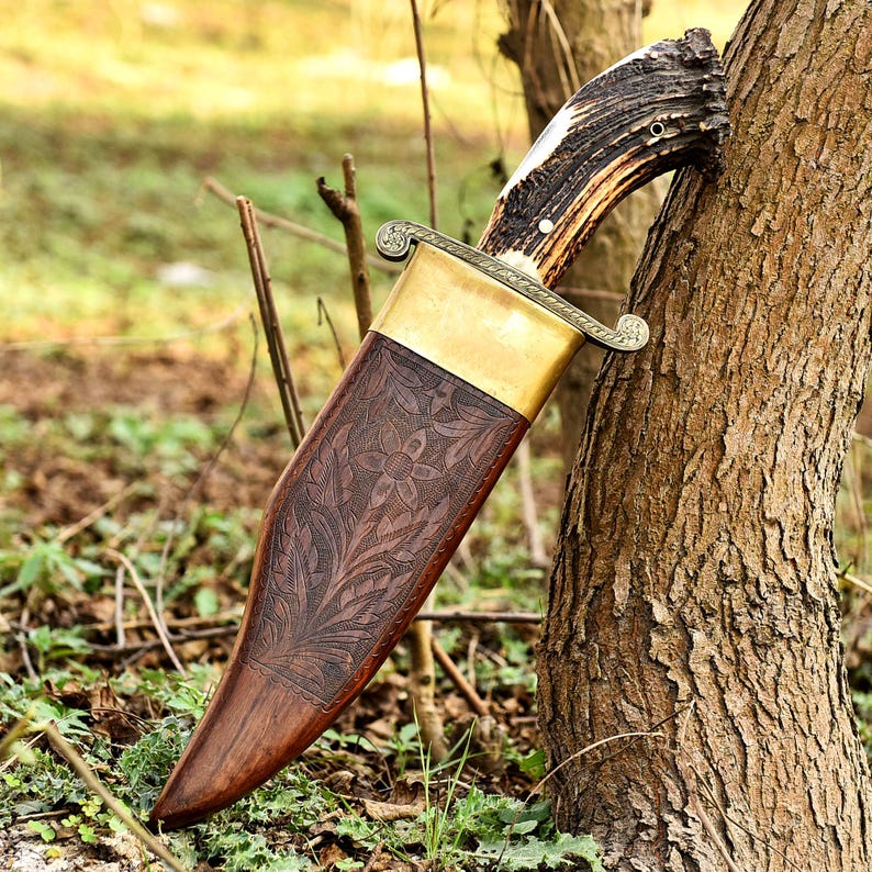 CUSTOM HANDMADE BIG BOWIE STONE WASHED STEEL ANTLER HANDLE KNIFE || DRS KNIVES HUB