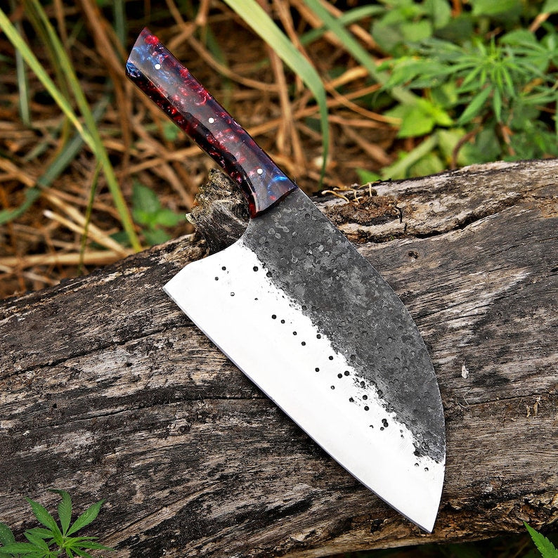 Hand-Forged Meat Cleaver with Resin Handle and Leather Sheath – Durable Resin Handle Chopper Knife