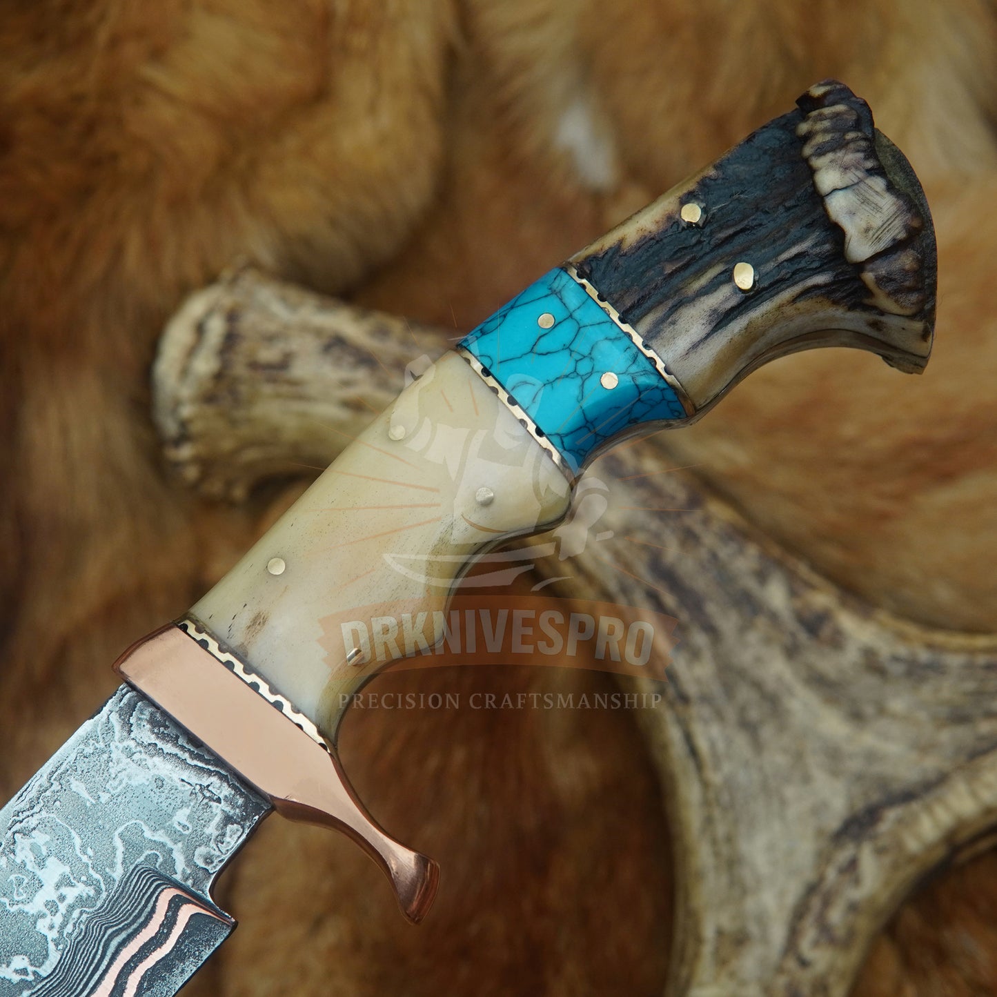 Handmade Copper Damascus Steel Kukri Knife – Bone, Crown Stag & Turquoise Handle