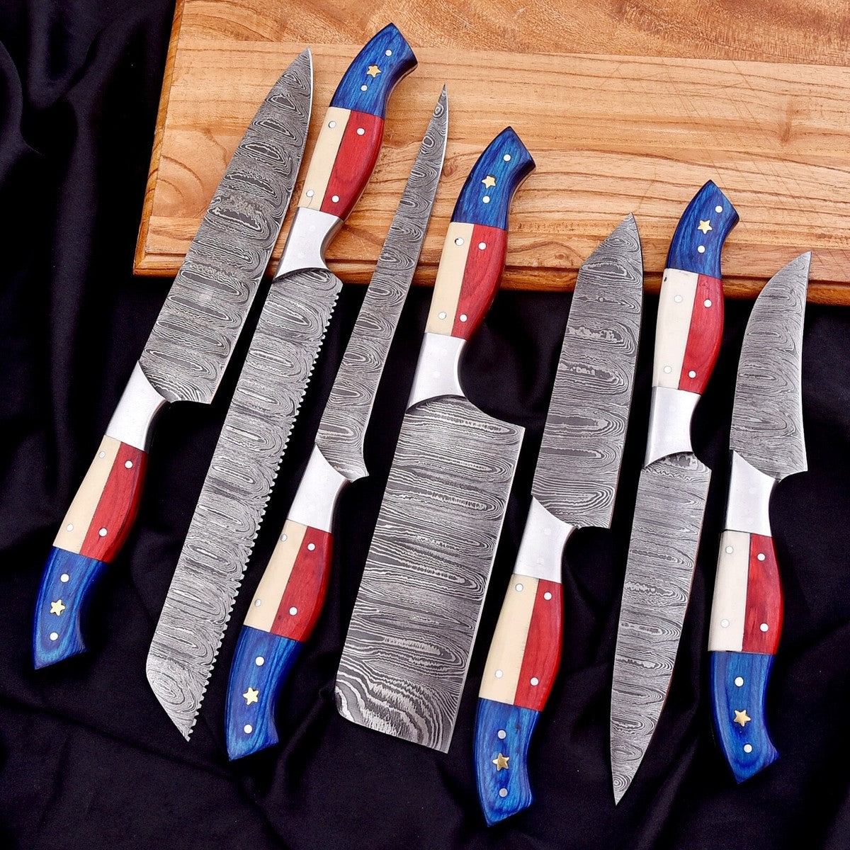 7-Piece Handmade Damascus Steel Chef Knife Set – Twist Pattern, Full Tang, Professional Kitchen Knives | DRSKNIVES HUB