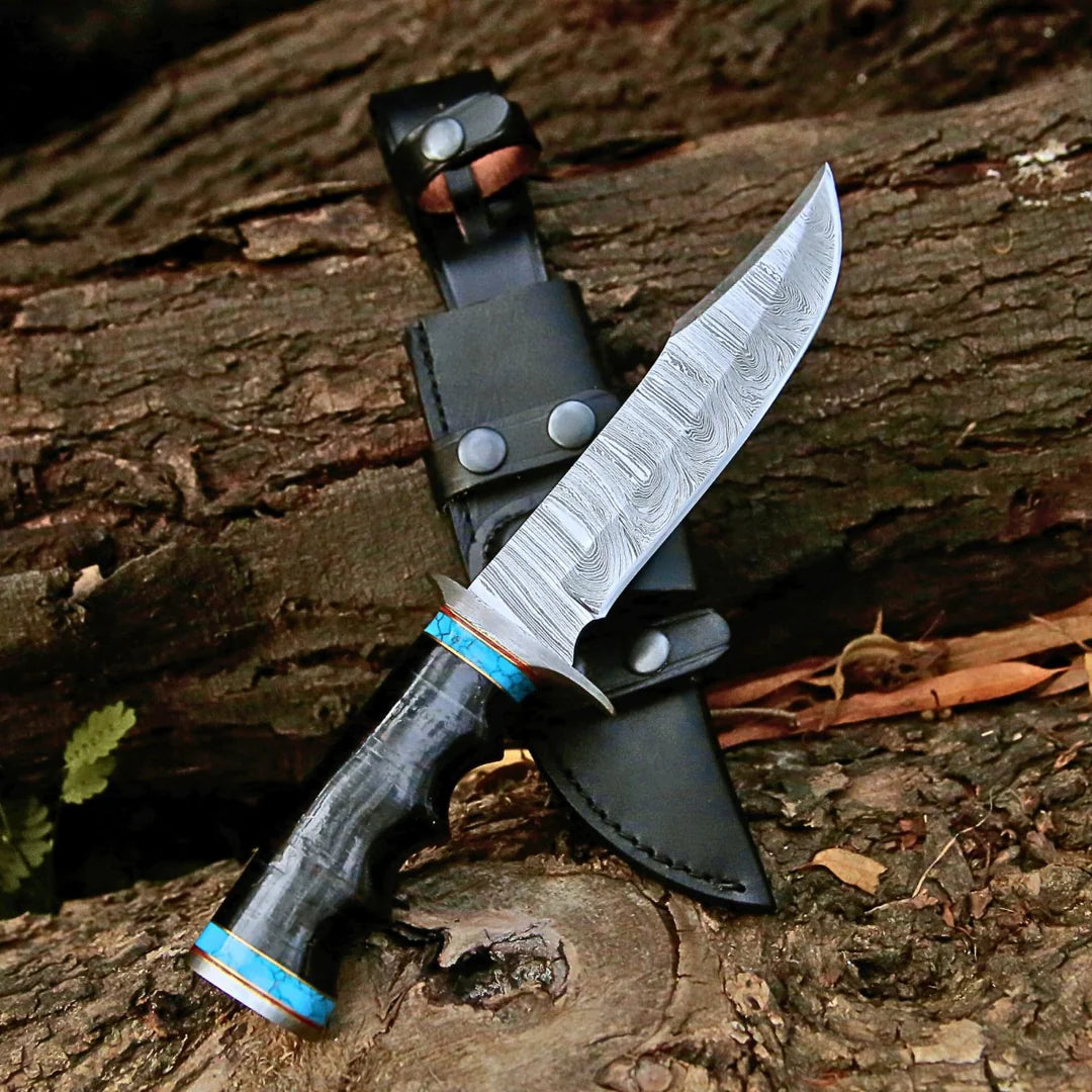 HANDMADE DAMASCUS STEEL HUNTING & SURVIVAL BOWIE KNIFE WITH STACKED LEATHER HANDLE || DRS KNIVES HUB
