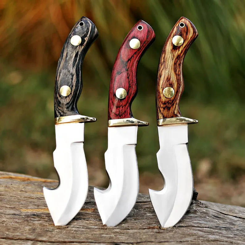 Pair Of 3 Custom Gut Hook Knife with Wood Handle & Luxurious Leather Sheath - Great Gift for Adventurers and Collectors