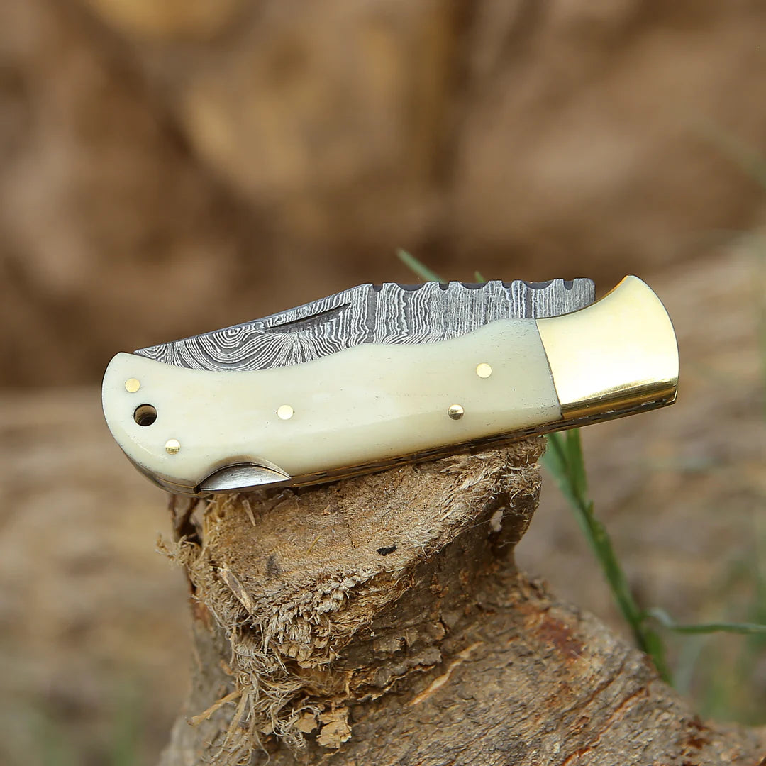 BONE HANDLE HANDMADE DAMASCUS POCKET KNIFE WITH || DRS KNIVES HUB