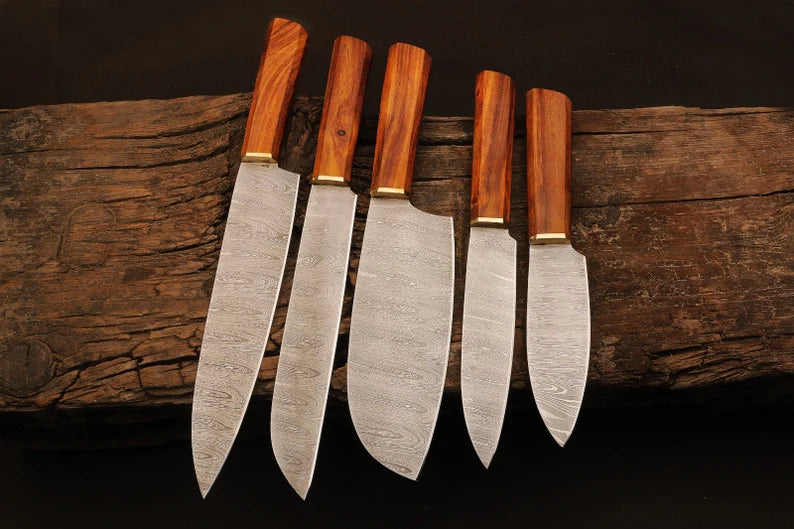 Damascus Steel 5pcs Chef Set With Beautiful Rosewood Handle