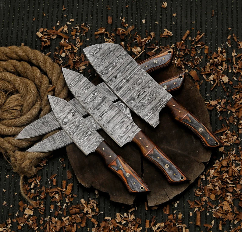 Damascus steel chef set gift for him ,gift for mother with leather sheath, kitchen knife chef set gift for husband