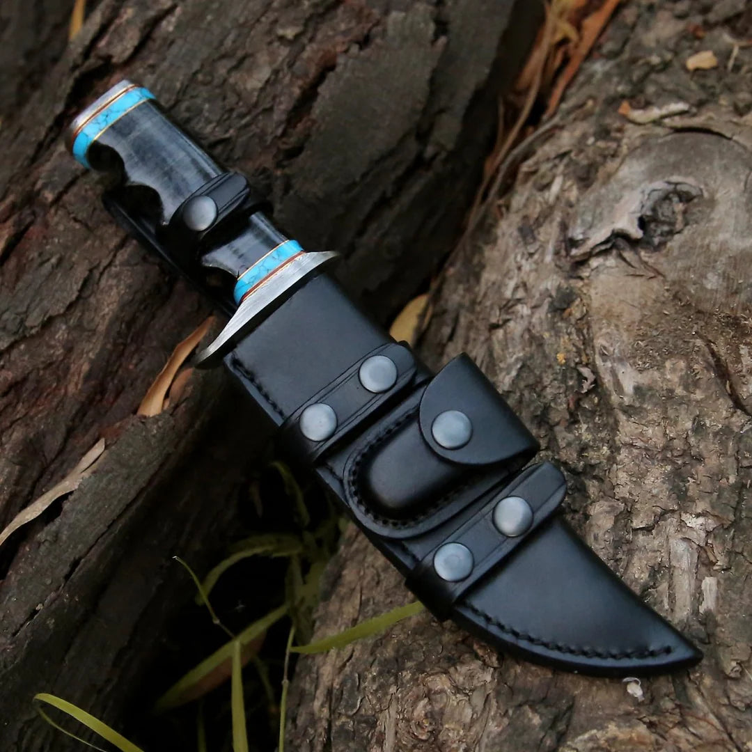 HANDMADE DAMASCUS STEEL HUNTING & SURVIVAL BOWIE KNIFE WITH STACKED LEATHER HANDLE || DRS KNIVES HUB