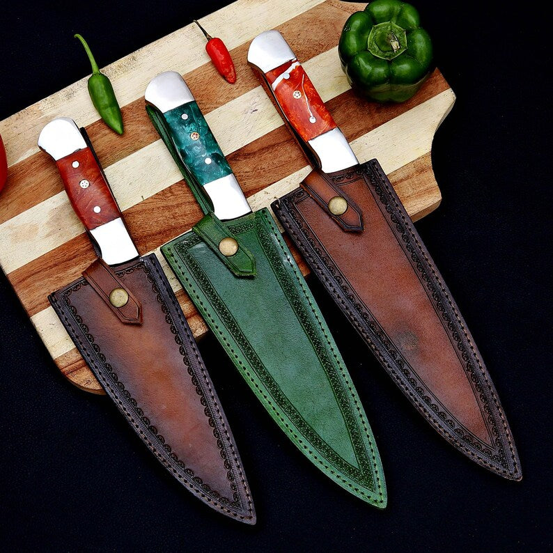 Lots Of 3 Handmade D2 Steel Blade Chef Knife With Leather Sheath Cover and Resin Handle