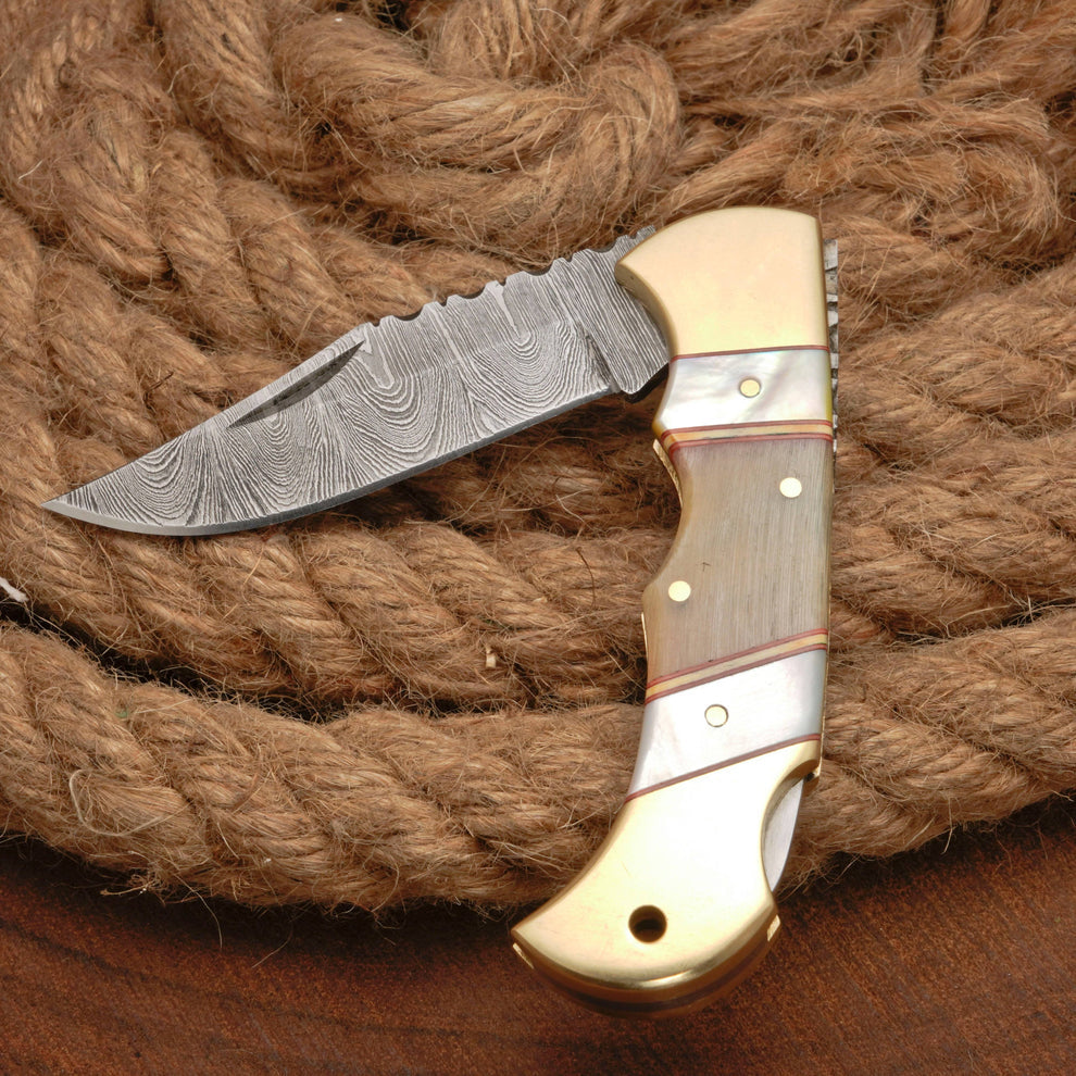 Custom handmade Damascus steel pocket knife with leather pouch || drs knives hub