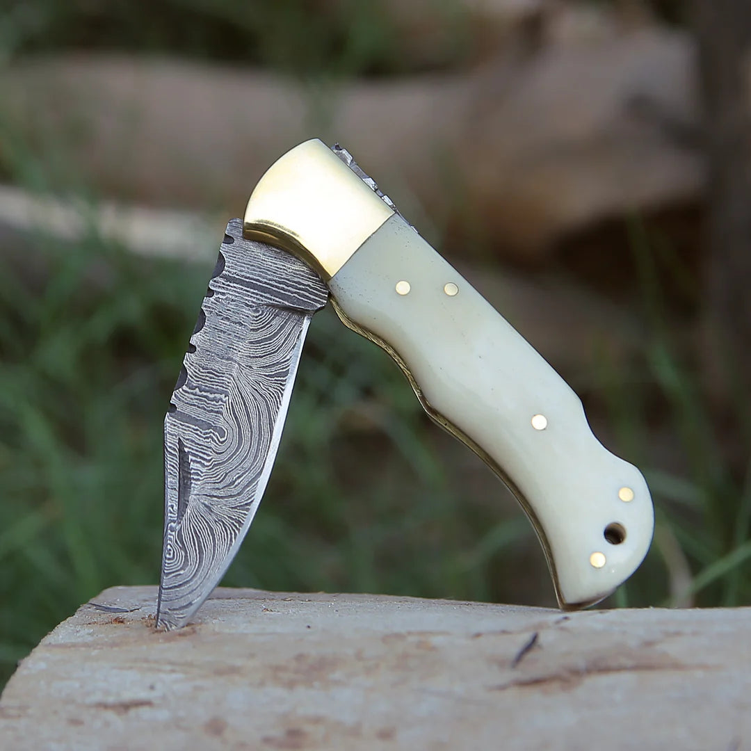 BONE HANDLE HANDMADE DAMASCUS POCKET KNIFE WITH || DRS KNIVES HUB