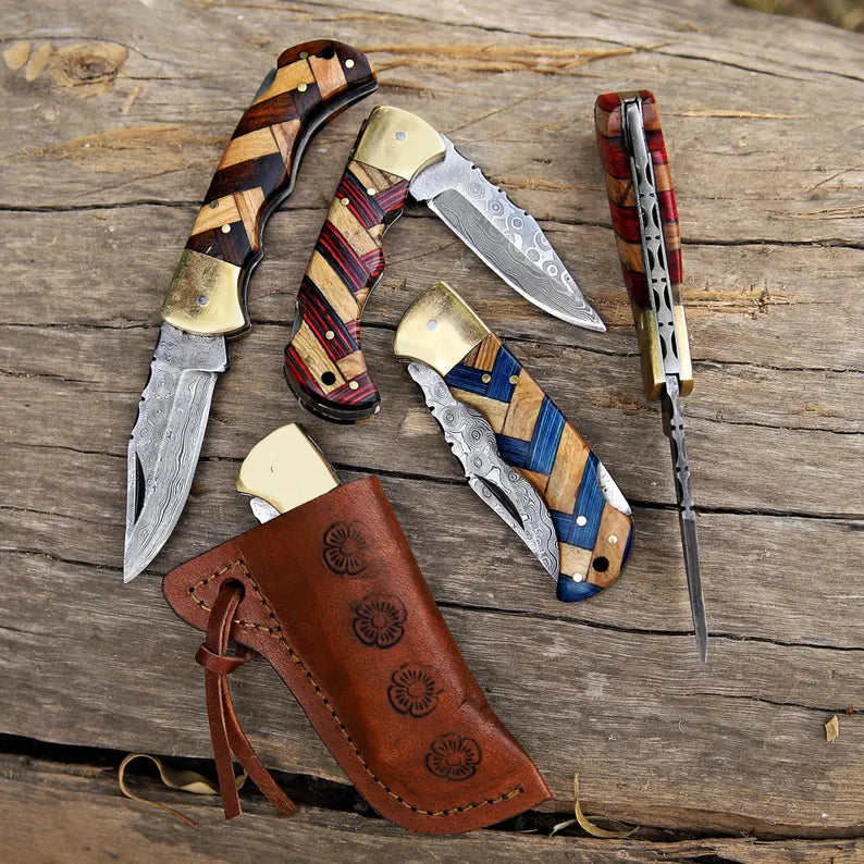 Lots Of 5 PCS Handmade Damascus Steel Folding Pocket Knives With Leather Sheath