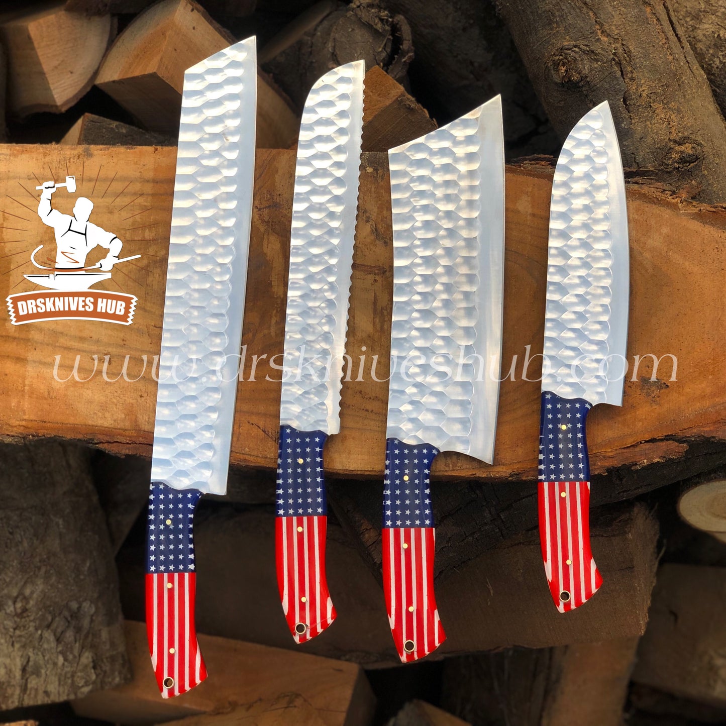 American Flag Themed Handle J2 Steel Mirror polished Handmade Chef Set
