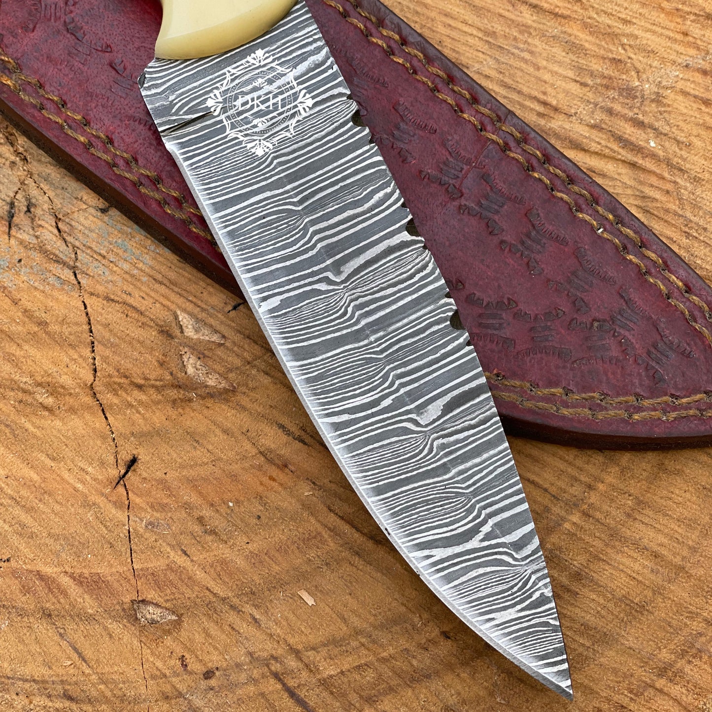 Damascus Steel Blade 10” inches knife With Leather Sheath Cover Bone Handle
