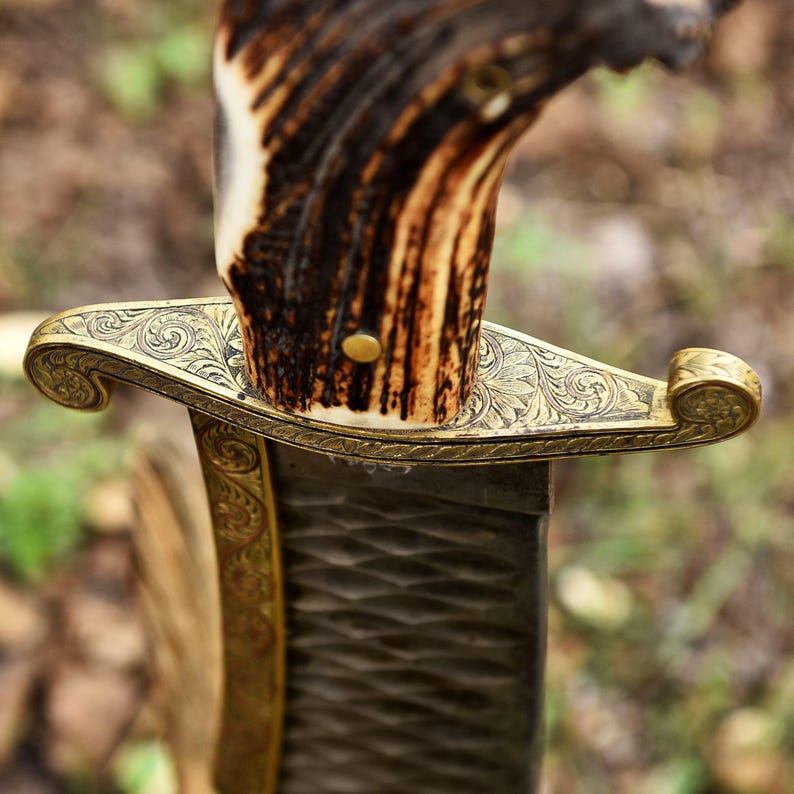 CUSTOM HANDMADE BIG BOWIE STONE WASHED STEEL ANTLER HANDLE KNIFE || DRS KNIVES HUB