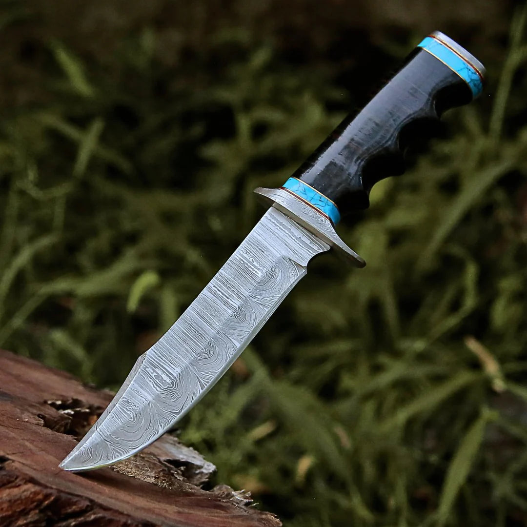 HANDMADE DAMASCUS STEEL HUNTING & SURVIVAL BOWIE KNIFE WITH STACKED LEATHER HANDLE || DRS KNIVES HUB