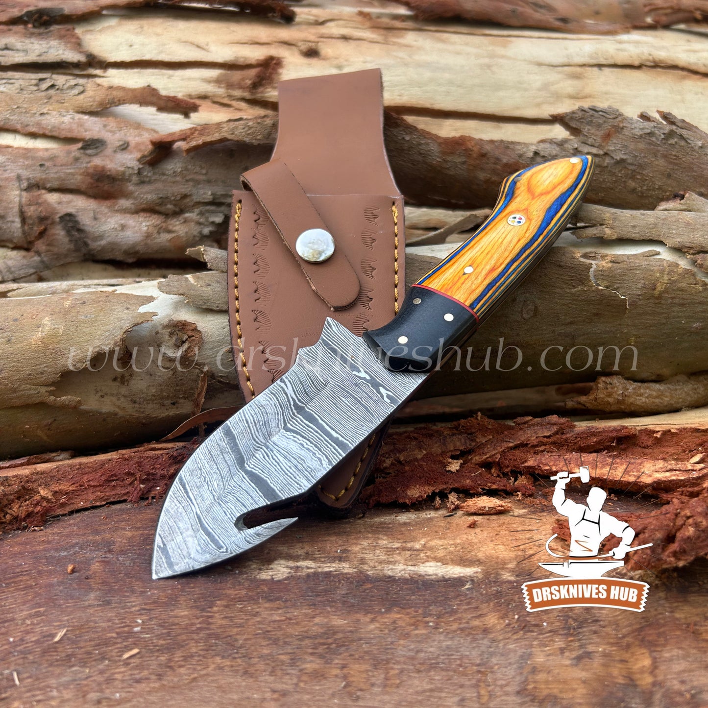 Handmade Damascus Gut Hook Skinning Knife – Wood Handle with Leather Sheath