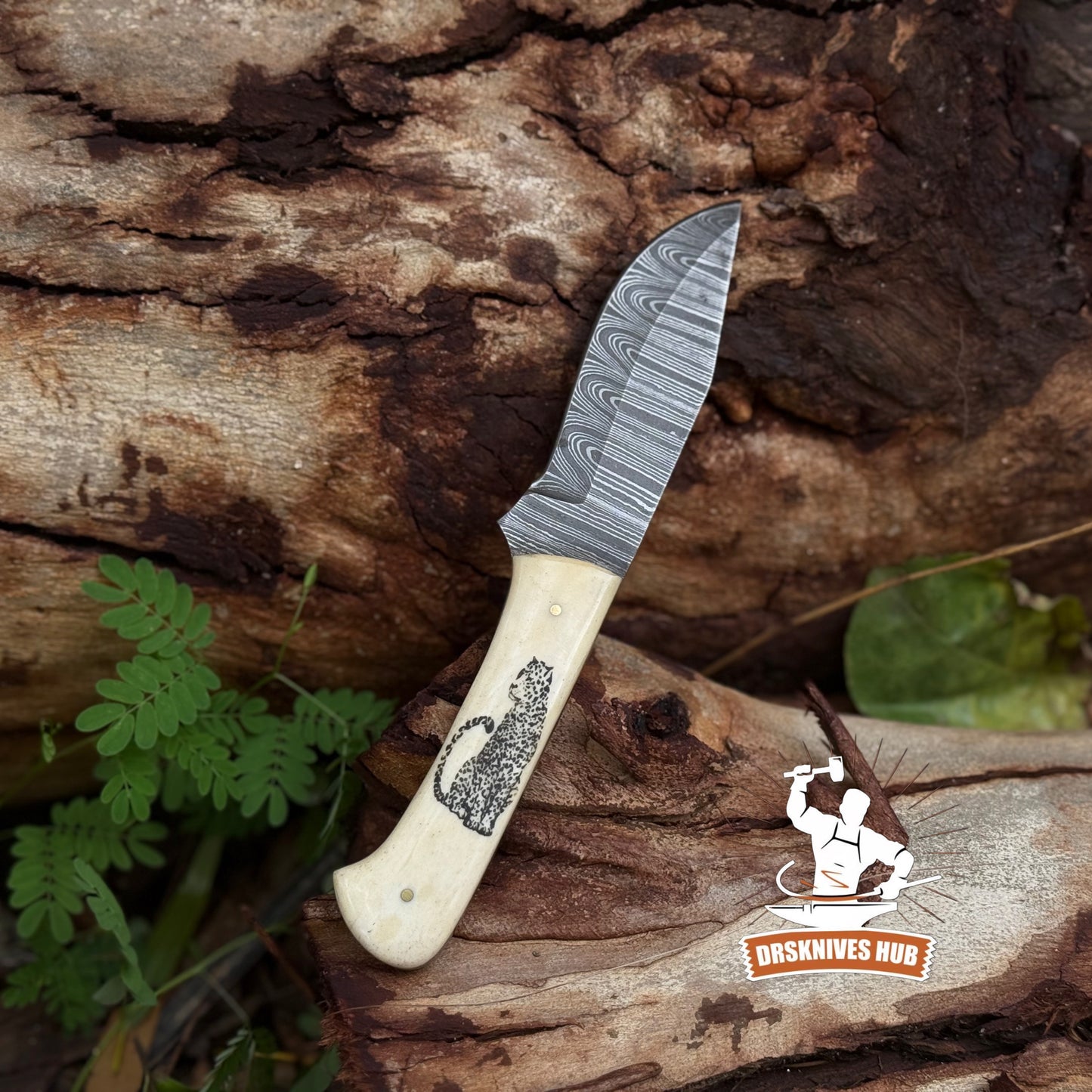 Full Tang Hand Forged Damascus Hunting Skinner Knife Bone Handle with Wolf Print | DRSKNIVES HUB