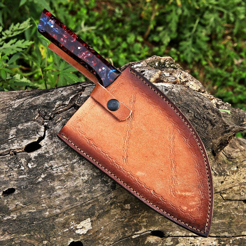 Hand-Forged Meat Cleaver with Resin Handle and Leather Sheath – Durable Resin Handle Chopper Knife