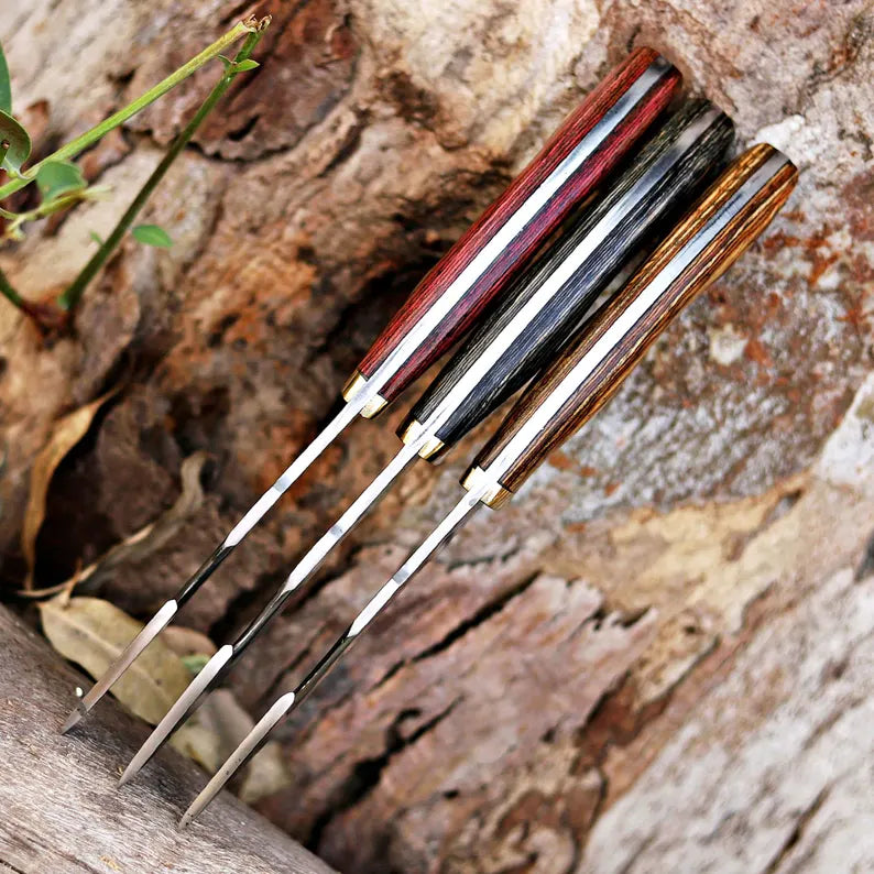 Pair Of 3 Custom Gut Hook Knife with Wood Handle & Luxurious Leather Sheath - Great Gift for Adventurers and Collectors