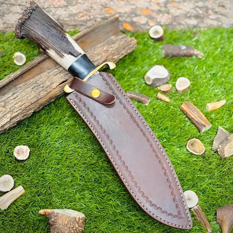 D2 Steel Handmade bowie knife with leather sheath cover antler horn handle || drs knives hub