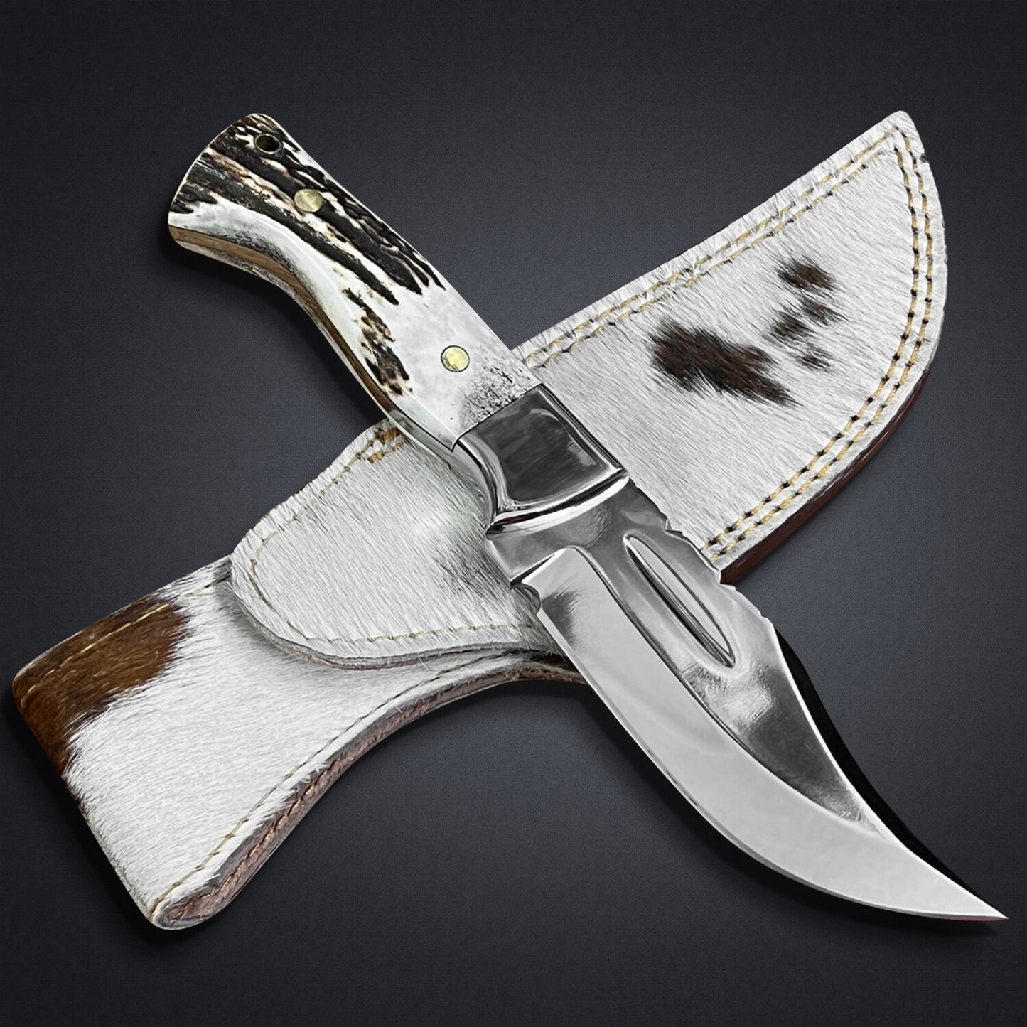 D2 Steel Fixed Blade Hunting Knife — Antler Horn Handle & Leather Sheath | DRSKNIVES HUB