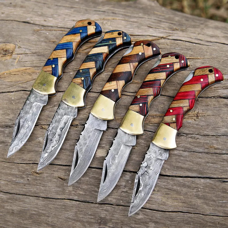 Lots Of 5 PCS Handmade Damascus Steel Folding Pocket Knives With Leather Sheath