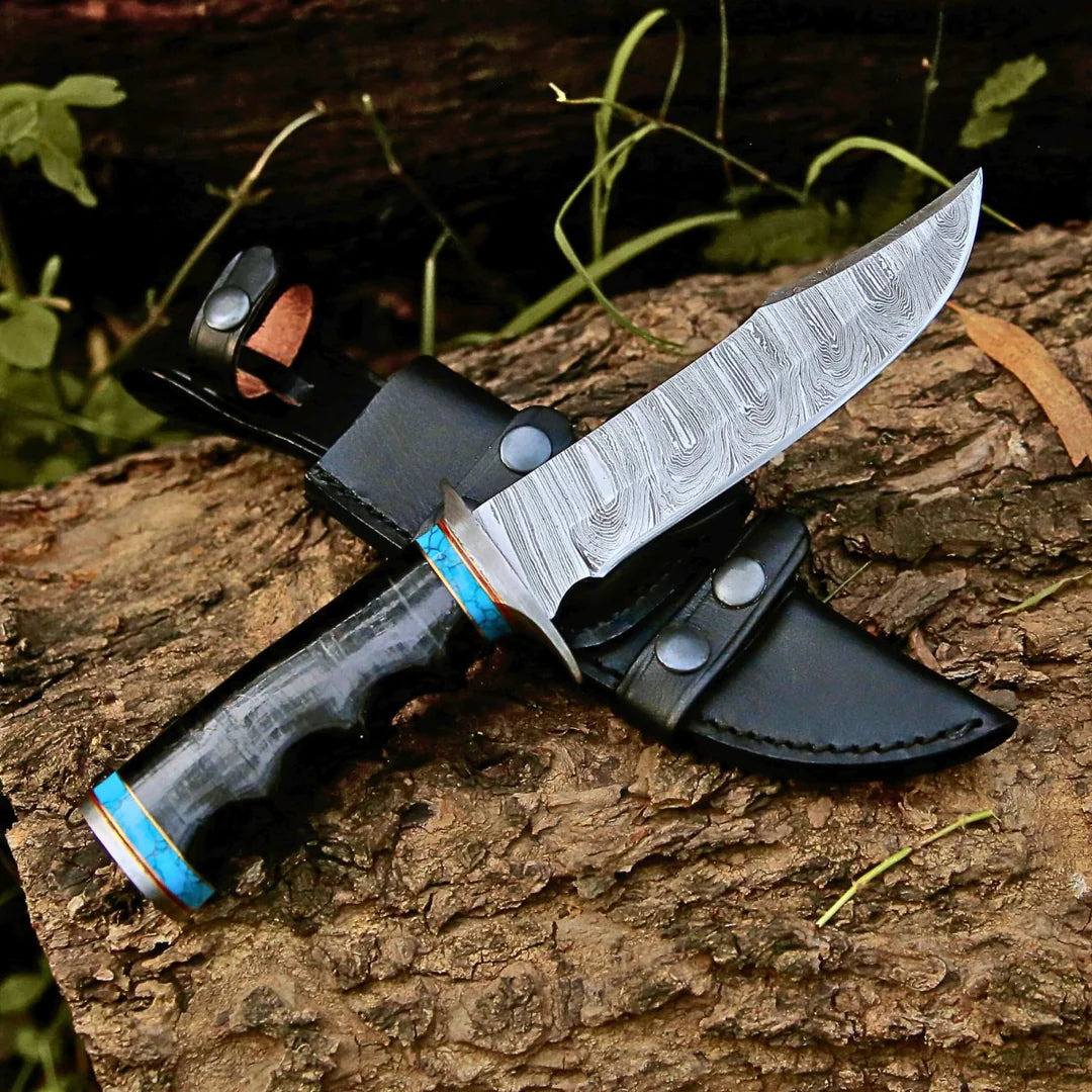 HANDMADE DAMASCUS STEEL HUNTING & SURVIVAL BOWIE KNIFE WITH STACKED LEATHER HANDLE || DRS KNIVES HUB