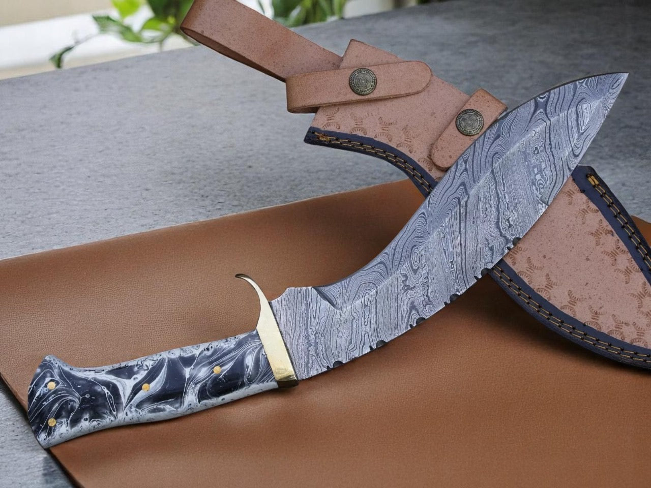 Damascus Steel Blade Handmade Kukri Knife Resin Handle With Leather sheath || Drs Knives Hub