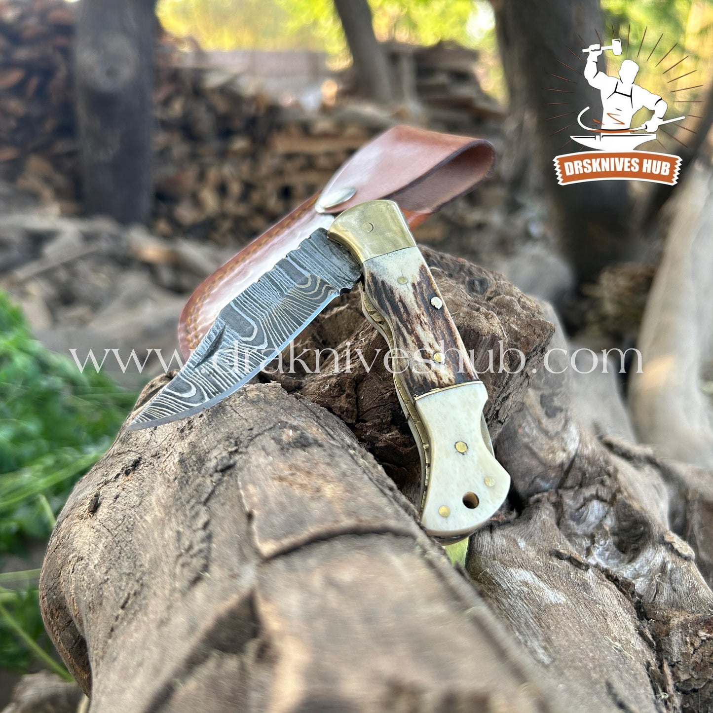 ANTLER HORN HANDLE DAMASCUS POCKET KNIFE WITH || DRS KNIVES HUB