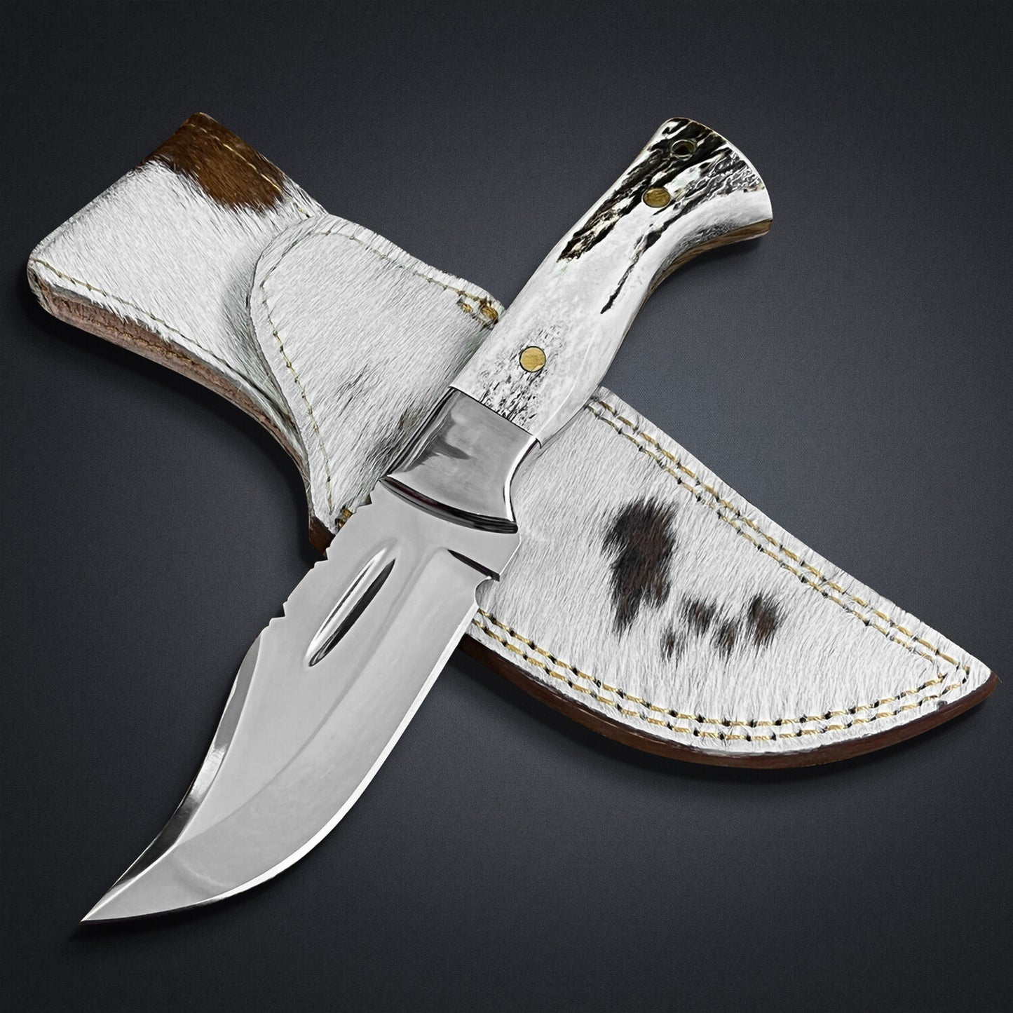 D2 Steel Fixed Blade Hunting Knife — Antler Horn Handle & Leather Sheath | DRSKNIVES HUB