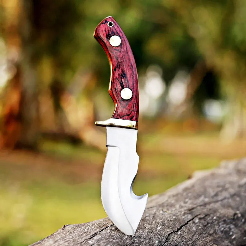Pair Of 3 Custom Gut Hook Knife with Wood Handle & Luxurious Leather Sheath - Great Gift for Adventurers and Collectors