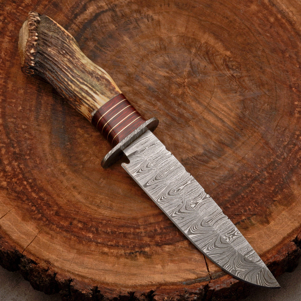 Edc Knife custom handmade Damascus steel hunting bowie knife with leather wrap || drs knives hub