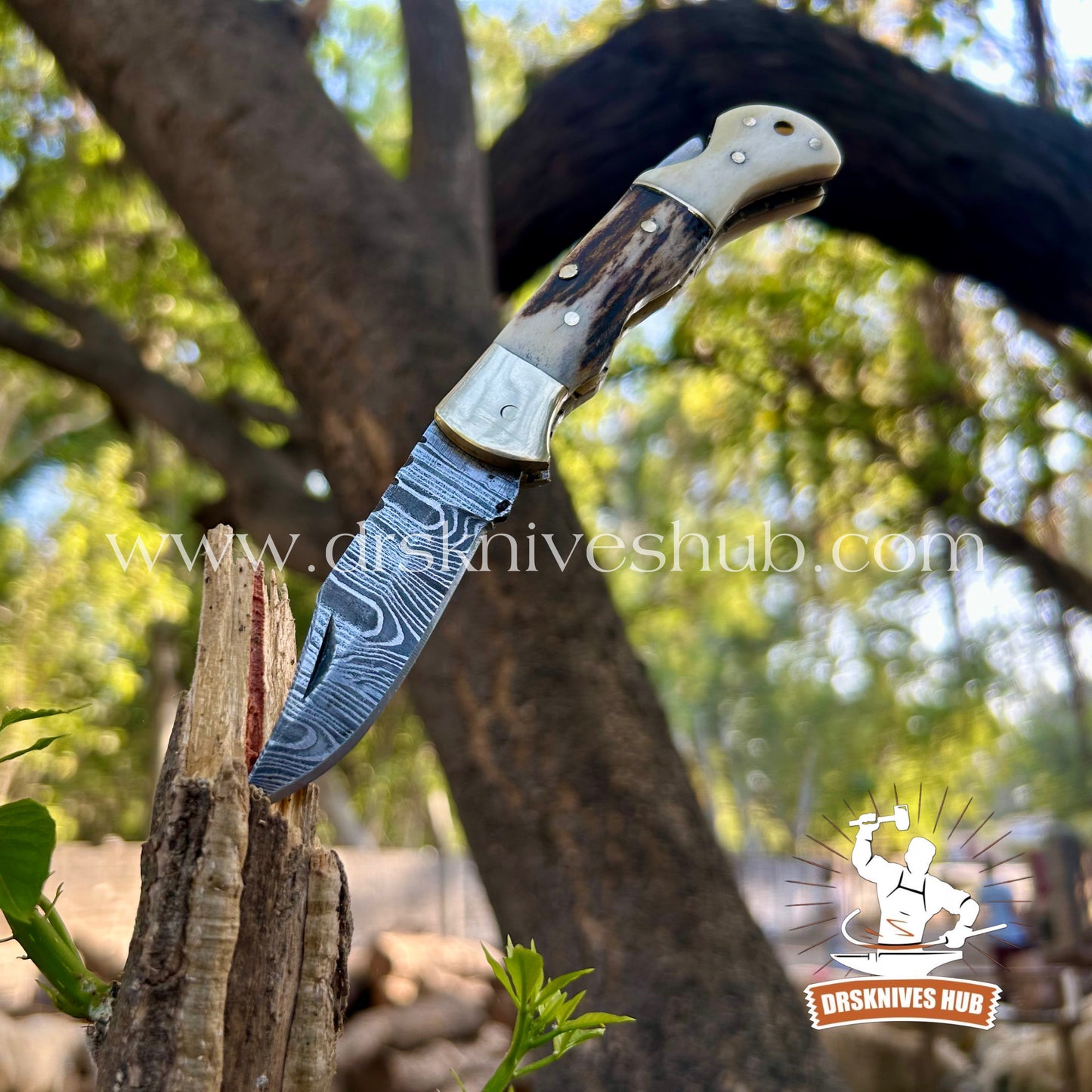ANTLER HORN HANDLE DAMASCUS POCKET KNIFE WITH || DRS KNIVES HUB