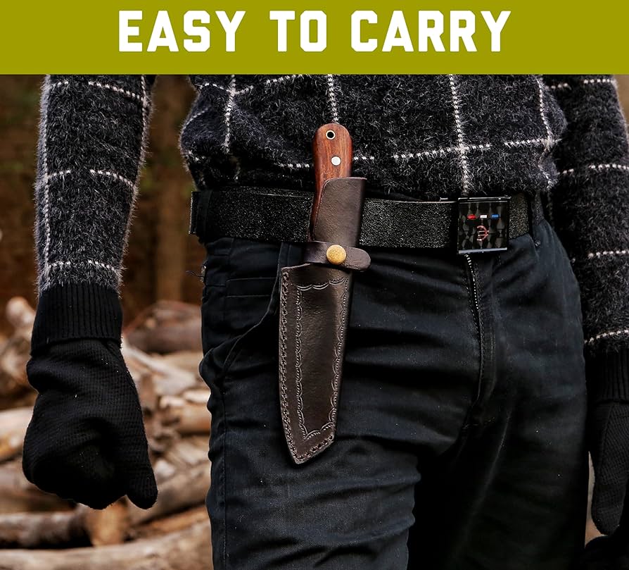Full Tang Handmade Damascus Steel Blade Rose Wood Handle Hunting Knife With Leather Sheath Cover