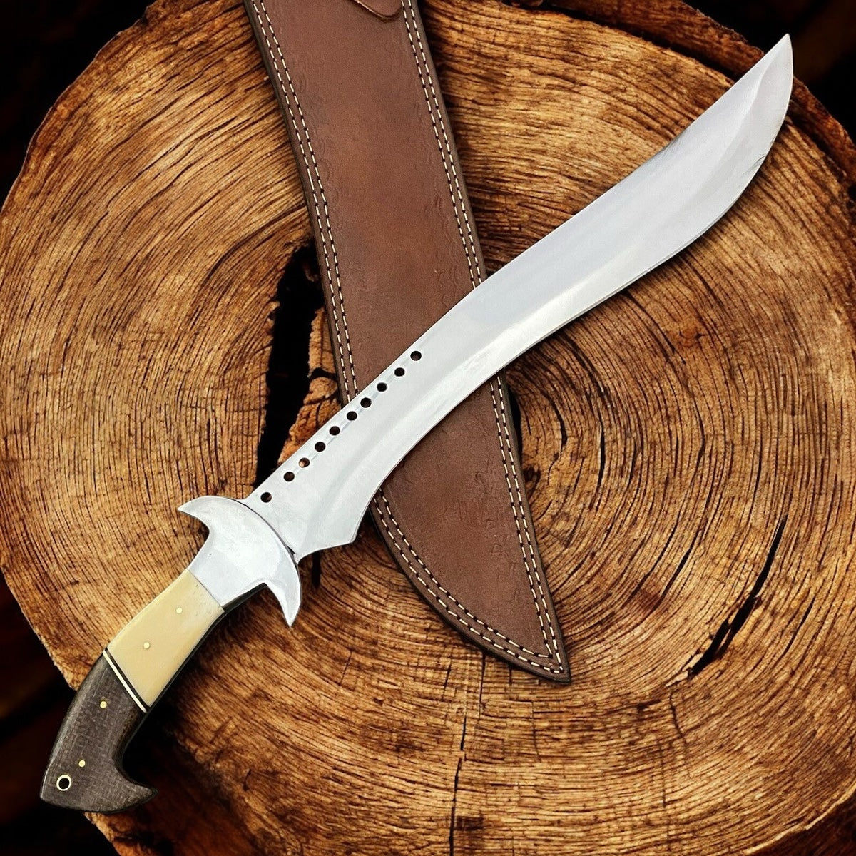 21.5” Custom Hand-Forged Damascus Steel Bowie Knife – Big Hunting & Bushcraft Knife with Leather Sheath | DRSKNIVES HUB