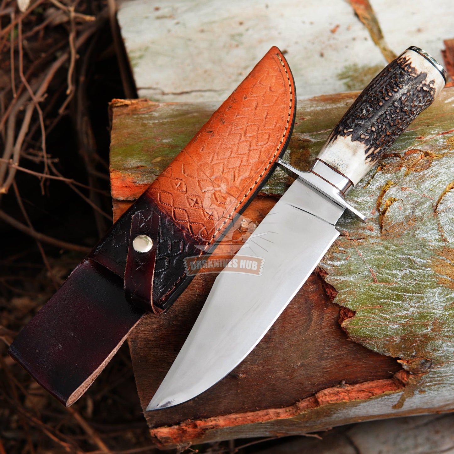 D2 Steel Hunting Knife: Stag Antler Handle, Leather Sheath