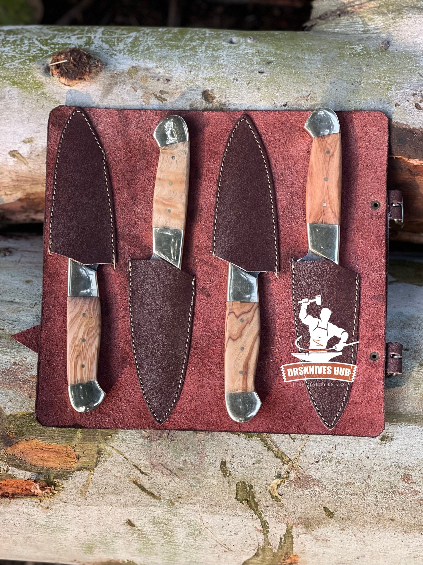 4 pcs Hand Made Damascus Steel Blade Steak Knife Set With Leather Roll kit Bag