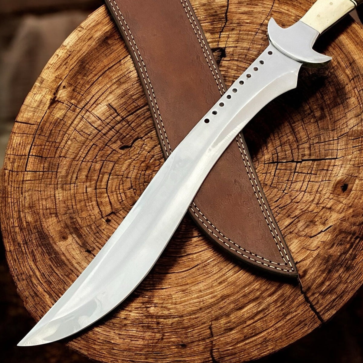 21.5” Custom Hand-Forged Damascus Steel Bowie Knife – Big Hunting & Bushcraft Knife with Leather Sheath | DRSKNIVES HUB