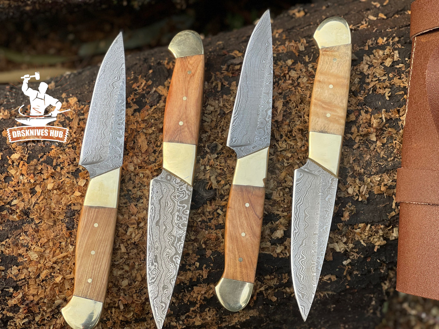 4 pcs Hand Made Damascus Steel Blade Steak Knife Set With Leather Roll kit Bag