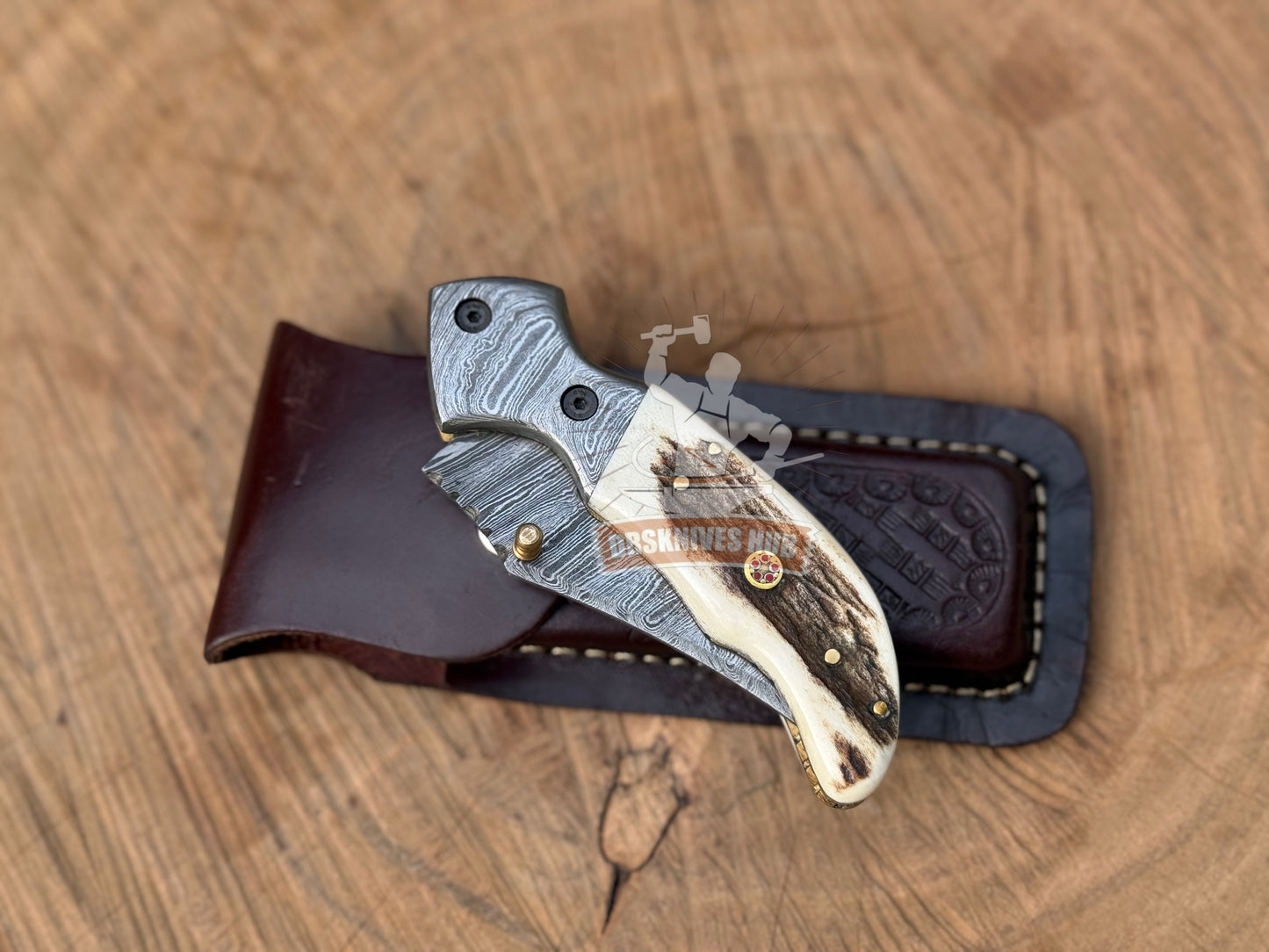 Damascus Folding Pocket Knife Stag Horn Handle With Leather Sheath