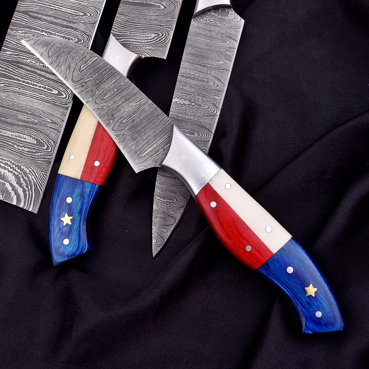 7-Piece Handmade Damascus Steel Chef Knife Set – Twist Pattern, Full Tang, Professional Kitchen Knives | DRSKNIVES HUB