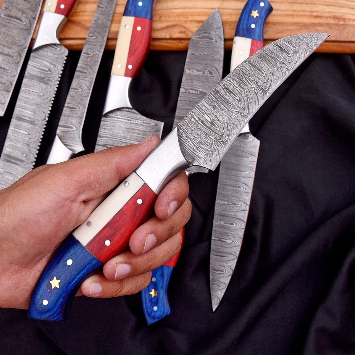 7-Piece Handmade Damascus Steel Chef Knife Set – Twist Pattern, Full Tang, Professional Kitchen Knives | DRSKNIVES HUB