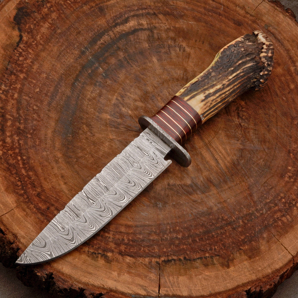 Edc Knife custom handmade Damascus steel hunting bowie knife with leather wrap || drs knives hub