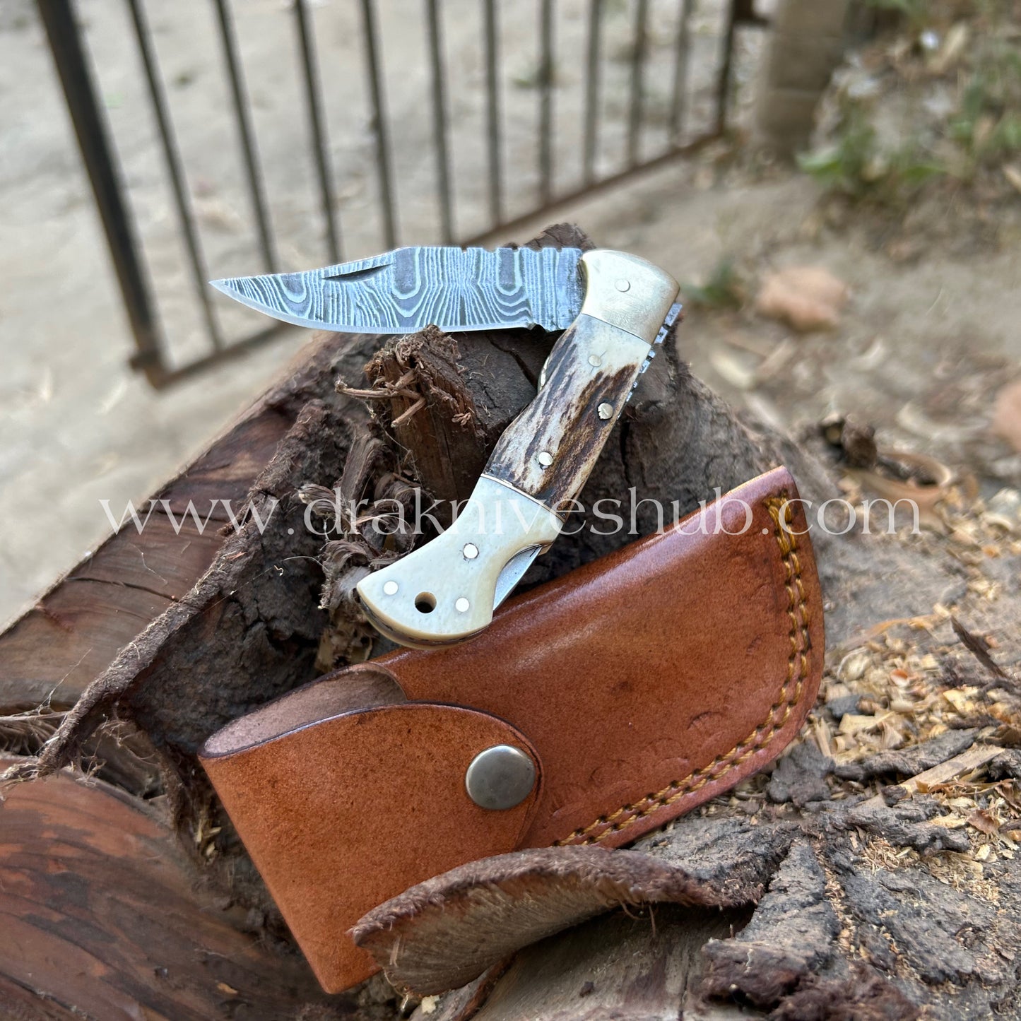 ANTLER HORN HANDLE DAMASCUS POCKET KNIFE WITH || DRS KNIVES HUB