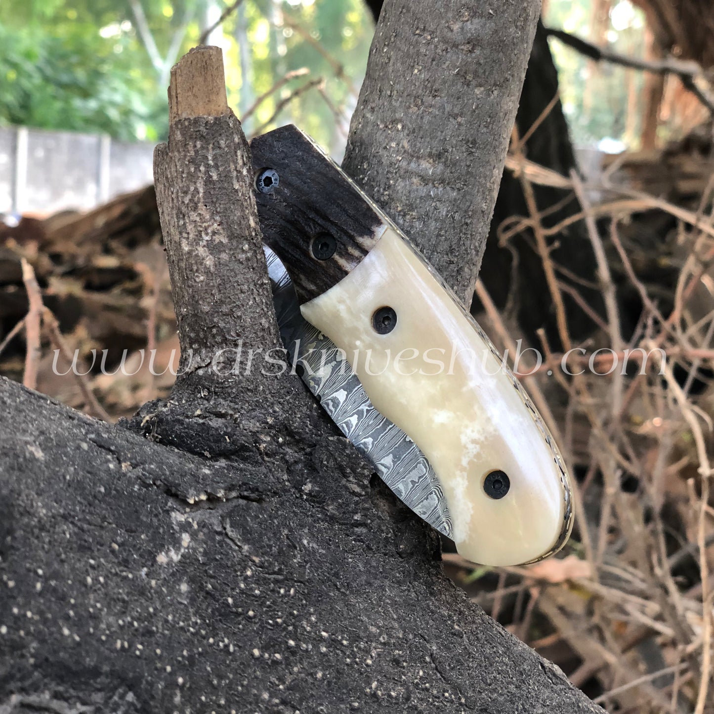 Folding Pocket Knife Hand Crafted Damascus Steel Blade Antler & Bone Handle Pocket knife