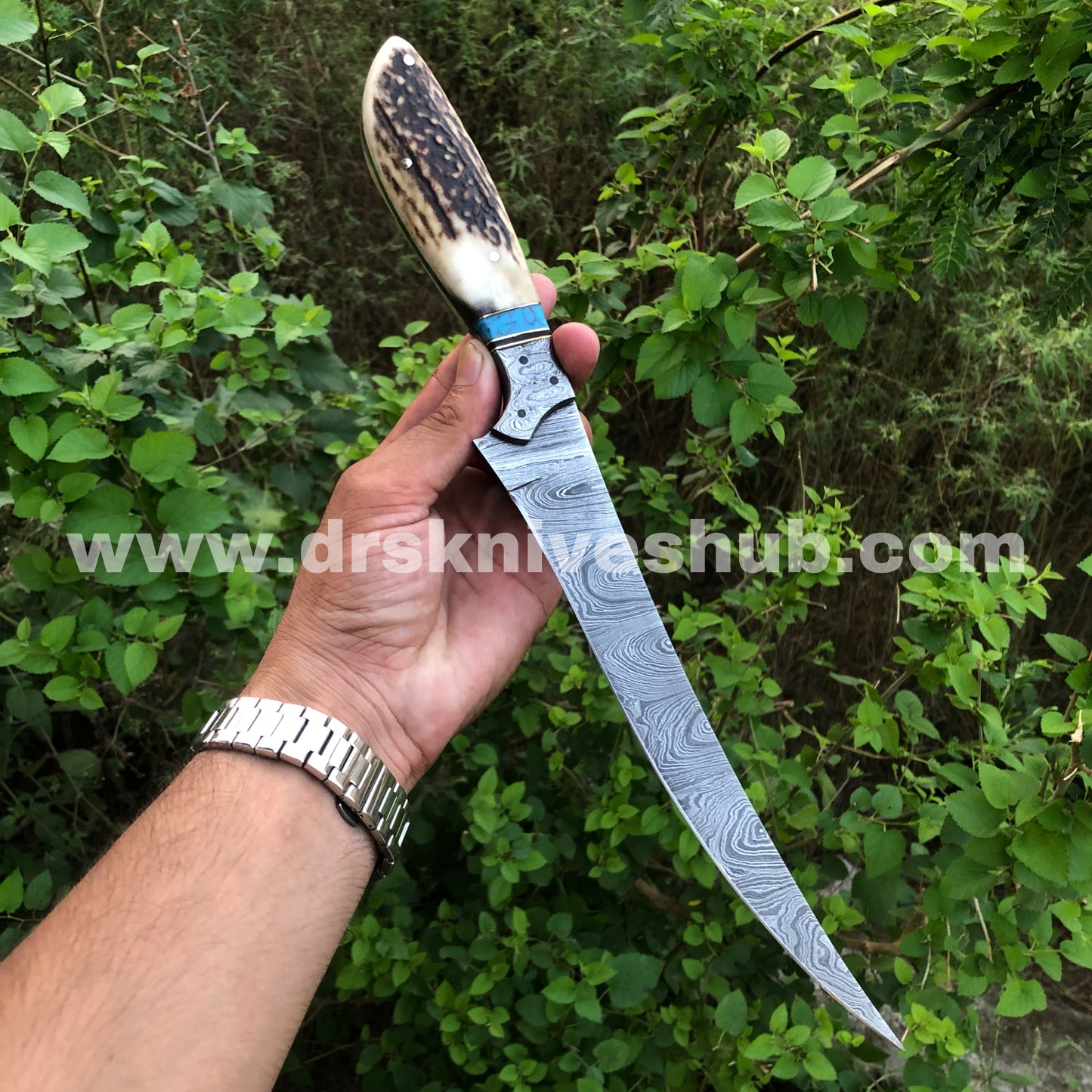 14” Fishing Fillet Knife Beautiful Handmade Damascus Steel Antler Horn Handle Fillet knife