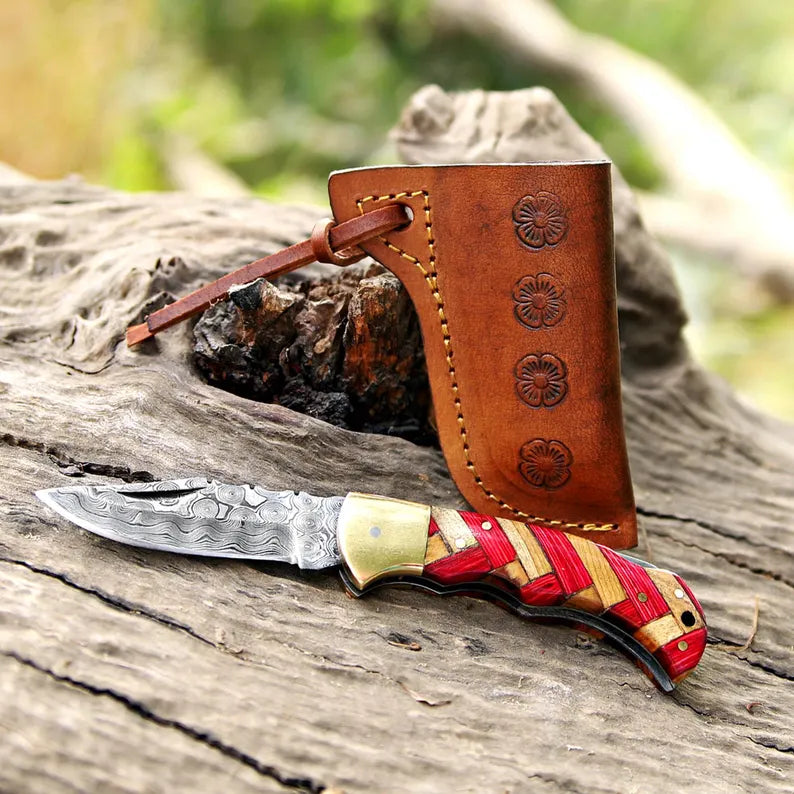 Lots Of 5 PCS Handmade Damascus Steel Folding Pocket Knives With Leather Sheath